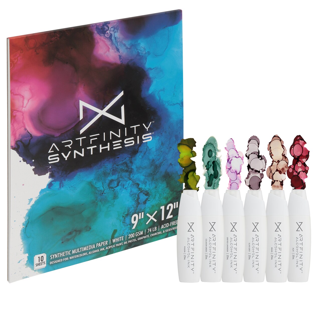 Artfinity Alcohol Ink - Moody Zombie Set, 7 Pieces | 10 Sheets 9x12" Multimedia Paper | Fast-Drying, Permanent, Transparent Alcohol Inks for Gloss Paper, Glass, Metal | 25 ml Bottles